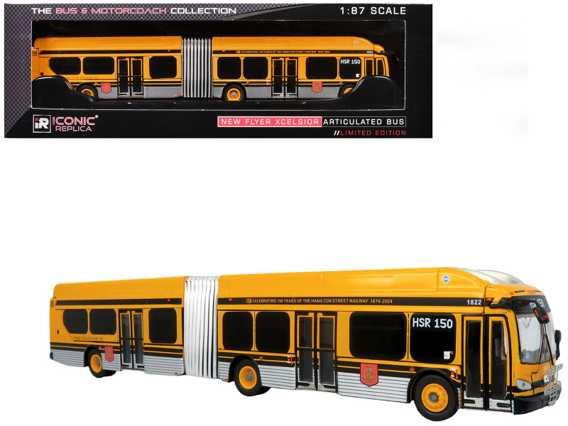 New Flyer Xcelsior XE60 Articulated Transit Bus Hamilton Street Railway 150th Anniversary Yellow with Black Stripes The Bus & Motorcoach Collection Limited Edition 1/87 (HO) Diecast Model Iconic Replicas 87-0608