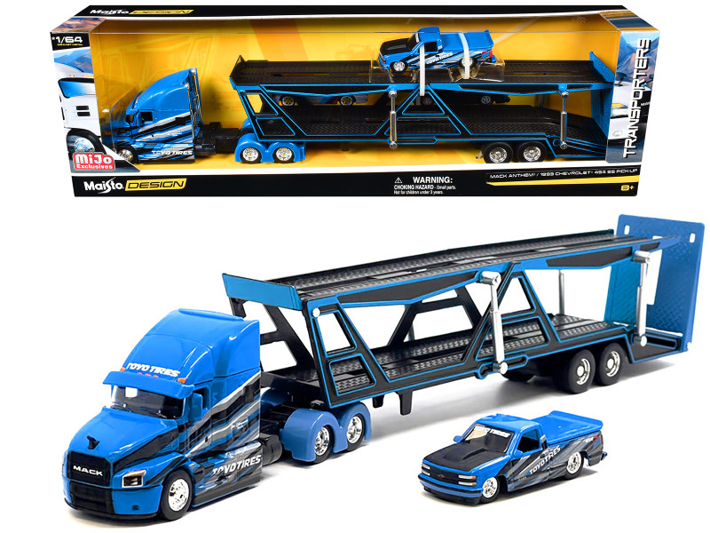 Mack Anthem Open Car Hauler Blue with Graphics and 1993 Chevrolet 454 SS Pickup Truck Blue with Graphics Toyo Tires Transporters Series 1/64 Diecast Models Maisto 11454-MJS03