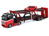 Mercedes Benz Actros Open Car Hauler Red and Black with White Stripes and 1990 Mercedes Benz 190E Red Transporters Series 1/64 Diecast Models Maisto 11454RD