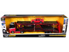 Mercedes Benz Actros Open Car Hauler Red and Black with White Stripes and 1990 Mercedes Benz 190E Red Transporters Series 1/64 Diecast Models Maisto 11454RD