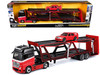 Mercedes Benz Actros Open Car Hauler Red and Black with White Stripes and 1990 Mercedes Benz 190E Red Transporters Series 1/64 Diecast Models Maisto 11454RD