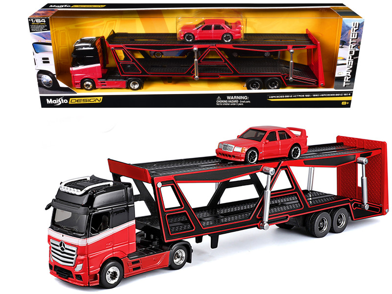 Mercedes Benz Actros Open Car Hauler Red and Black with White Stripes and 1990 Mercedes Benz 190E Red Transporters Series 1/64 Diecast Models Maisto 11454RD