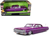 1964 Chevrolet Impala SS Lowrider Candy Purple with Graphics and White Interior Lowriders Maisto Design Series 1/26 Diecast Model Car Maisto 32547-PUR