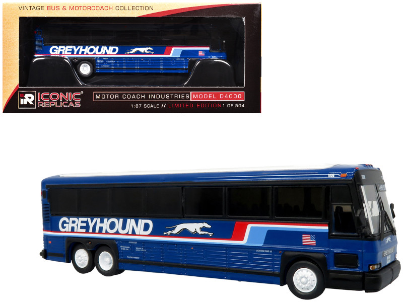 2001 MCI D4000 Coach Bus Greyhound Blue with Stripes Vintage Bus & Motorcoach Collection Limited Edition to 504 pieces Worldwide 1/87 (HO) Diecast Model Iconic Replicas 87-0620