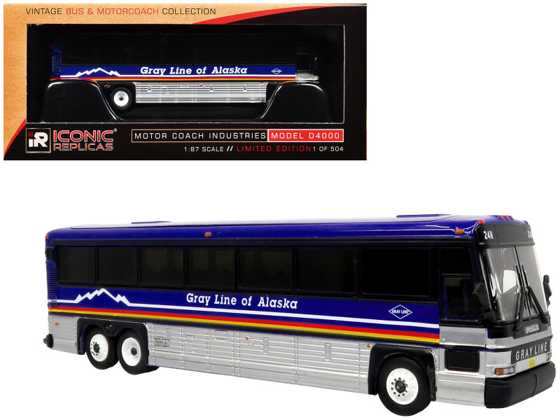 2001 MCI D4000 Coach Bus Gray Line of Alaska Dark Blue with Stripes Vintage Bus & Motorcoach Collection Limited Edition to 504 pieces Worldwide 1/87 (HO) Diecast Model Iconic Replicas 87-0621