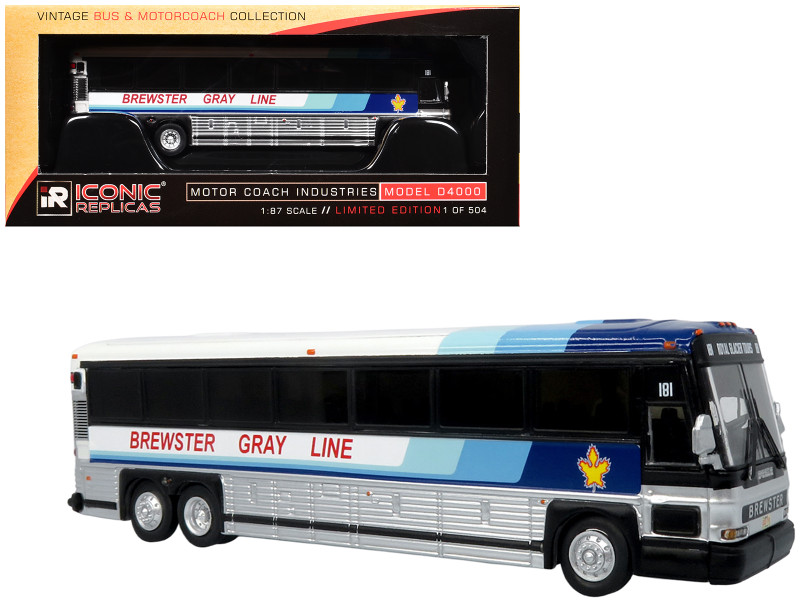 2001 MCI D4000 Coach Bus Brewster Gray Line White with Blue Stripes Vintage Bus & Motorcoach Collection Limited Edition to 504 pieces Worldwide 1/87 (HO) Diecast Model Iconic Replicas 87-0622
