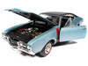 1968 Oldsmobile 442 W30 Holiday Coupe Teal Frost Metallic with Red Stripes and Black Vinyl Top Hemmings Motor News July 2023 Cover Car American Muscle Series 1/18 Diecast Model Car Auto World AMM1350