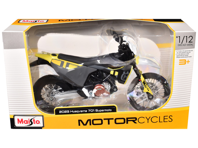 2023 Husqvarna 701 Supermoto Motorcycle Matt Black and Gray with Yellow and White Accents 1/12 Diecast Motorcycle Model Maisto 20-64633