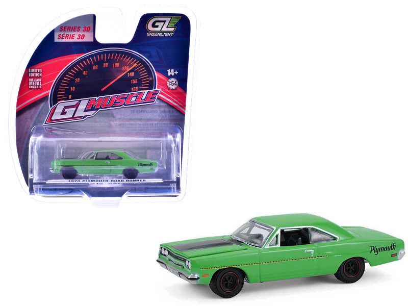 1970 Plymouth Road Runner Green with Black Hood Stripe GreenLight Muscle Series 30 1/64 Diecast Model Car Greenlight 13370B
