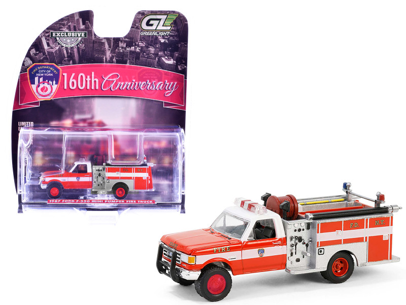 1987 Ford F 350 Mini Pumper Fire Truck FDNY The Official Fire Department City of New York 160th Anniversary Edition Red and White Hobby Exclusive Series 1/64 Diecast Model Car Greenlight 30550
