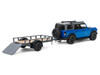 2021 Ford Bronco Black Diamond Velocity Blue Metallic with Black Top with Utility Trailer and Motorcycle Hitch & Tow Series 32 1/64 Diecast Model Cars Greenlight 32320C