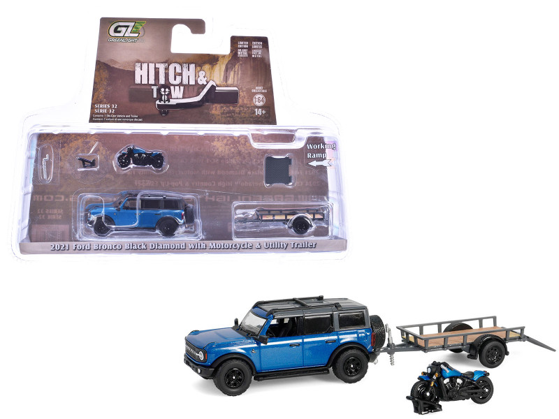 2021 Ford Bronco Black Diamond Velocity Blue Metallic with Black Top with Utility Trailer and Motorcycle Hitch & Tow Series 32 1/64 Diecast Model Cars Greenlight 32320C