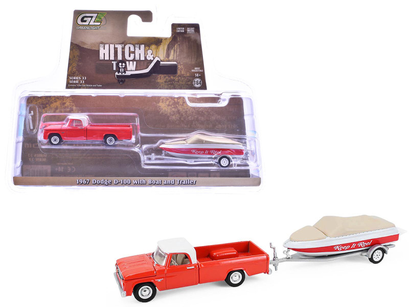 1967 Dodge D 100 Pickup Truck Red with White Top with Boat and Trailer Hitch & Tow Series 33 1/64 Diecast Model Cars Greenlight 32330A