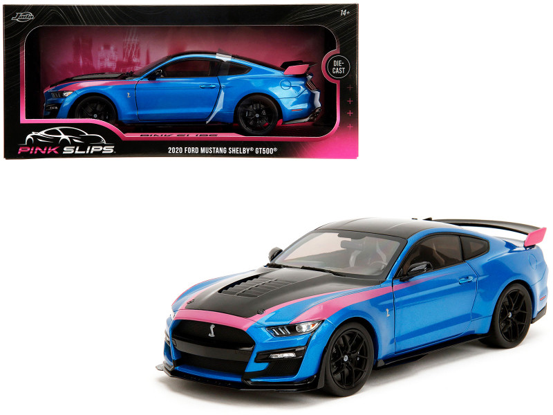 Ford Mustang Shelby GT500 Blue Metallic with Pink Stripes and Black Hood and Top Pink Slips Series 1/18 Diecast Model Car Jada 35723