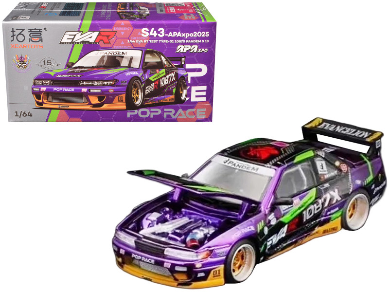 Nissan S13 1087X Pandem RHD Right Hand Drive EVA RT Test Type 01 Purple Metallic with Graphics APA XPO 2025 Exclusive 1/64 Diecast Model Car Pop Race PR640334