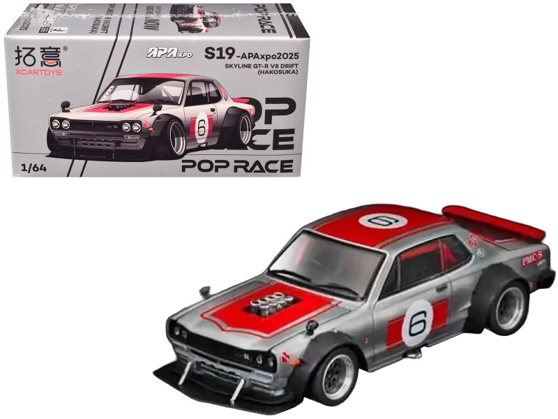 Skyline GT R V8 Drift Hakosuka RHD Right Hand Drive #6 Silver Metallic with Red Stripes APA XPO 2025 Exclusive 1/64 Diecast Model Car Pop Race PR640349