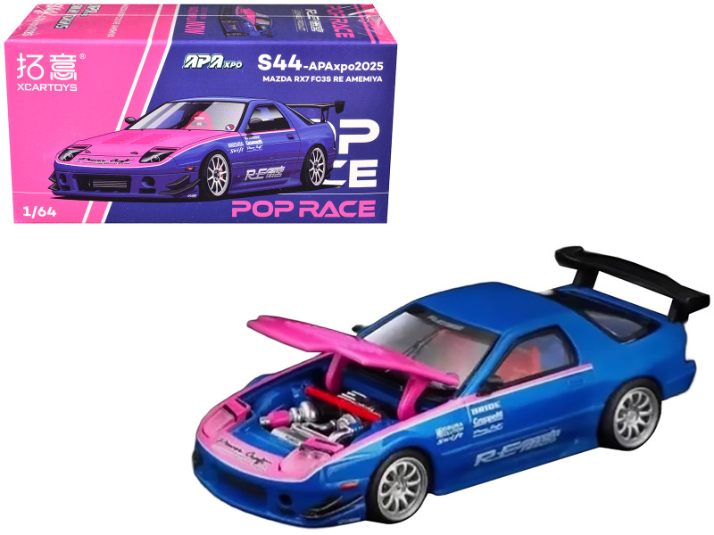 Mazda RX7 FC3S RE Amemiya RHD Right Hand Drive Blue Metallic with Pink Hood APA XPO 2025 Exclusive 1/64 Diecast Model Car Pop Race PR640396