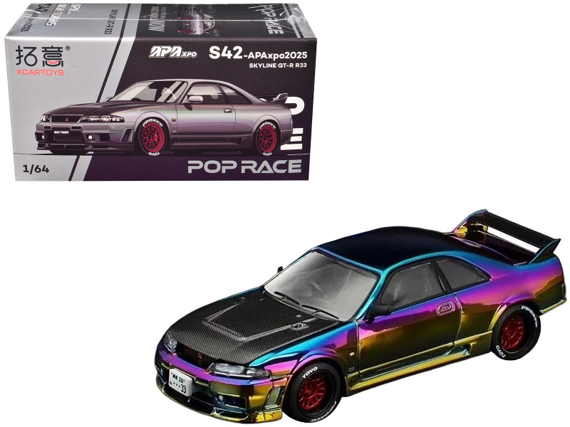 Skyline GT R R33 RHD Right Hand Drive Chameleon Chrome with Carbon Hood APA XPO 2025 Exclusive 1/64 Diecast Model Car Pop Race PR640427
