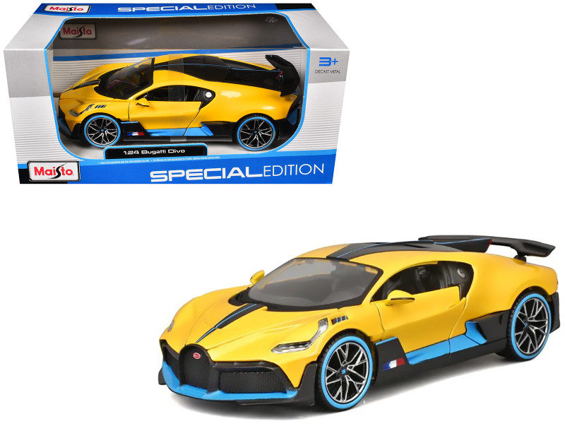Bugatti Divo Yellow Metallic with Carbon and Blue Accents Special Edition 1/24 Diecast Model Car Maisto 31526y