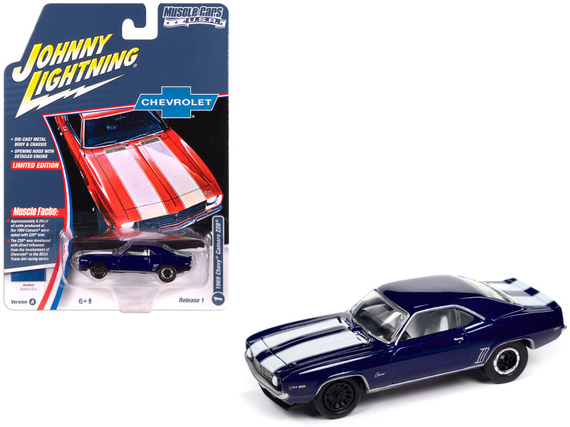 1969 Chevrolet Camaro Z28 Blue Metallic with White Stripes and Interior Muscle Cars USA Series 1/64 Diecast Model Car Johnny Lightning JLMC034-JLSP381A
