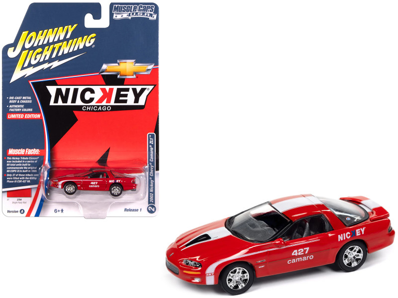 2002 Chevrolet Nickey Camaro ZL1 Bright Rally Red with White Stripes Muscle Cars USA Series 1/64 Diecast Model Car Johnny Lightning JLMC034-JLSP382A