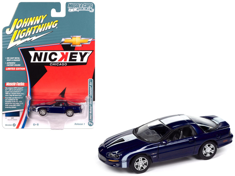 2002 Chevrolet Nickey Camaro ZL1 Navy Blue Metallic with White Stripes Muscle Cars USA Series 1/64 Diecast Model Car Johnny Lightning JLMC034-JLSP382B