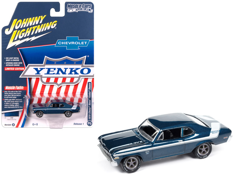 1970 Chevrolet Nova Yenko Deuce Fathom Blue Metallic with White Stripes Muscle Cars USA Series 1/64 Diecast Model Car Johnny Lightning JLMC034-JLSP383A