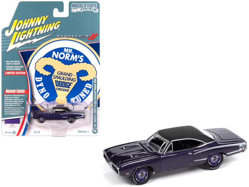 1970 Dodge Coronet Super Bee Mr Norm s Plum Crazy Metallic with Black Top and White Stripes 1/64 Diecast Model Car Johnny Lightning JLMC034-JLSP384B