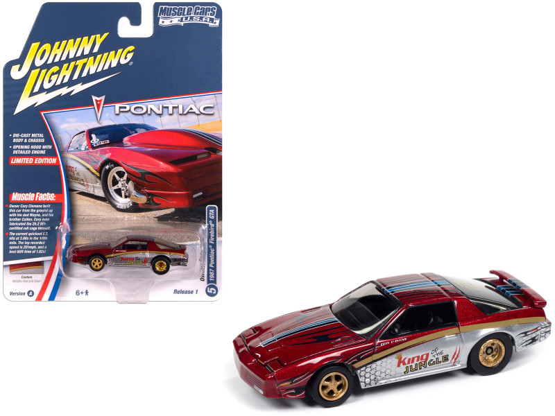 1987 Pontiac Firebird GTA King of the Jungle Red and Silver Metallic with Graphics Muscle Cars USA Series 1/64 Diecast Model Car Johnny Lightning JLMC034-JLSP385A