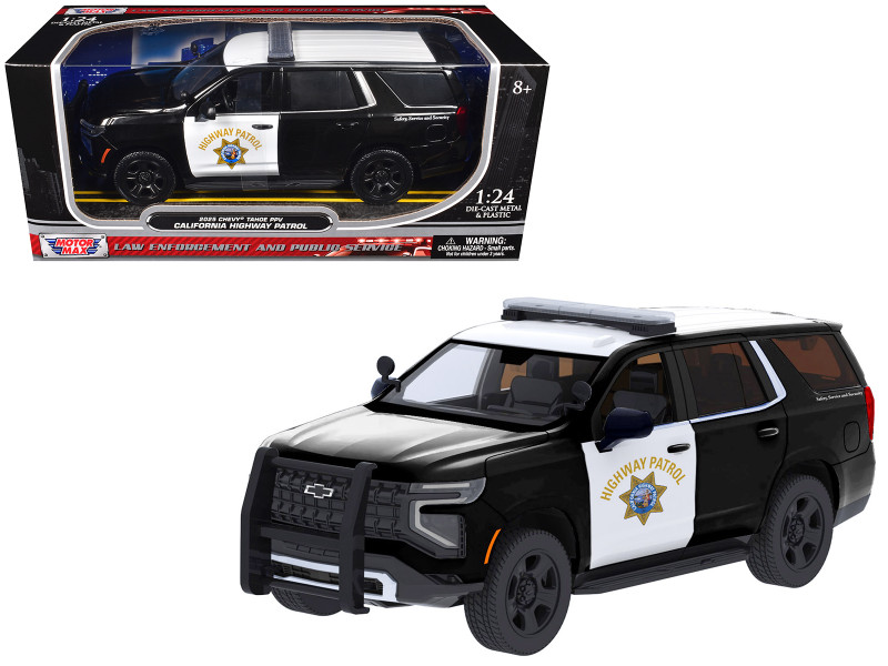 2025 Chevrolet Tahoe Police Pursuit Vehicle California Highway Patrol Black and White Law Enforcement and Public Service Series 1/24 Diecast Model Car Motormax 76645