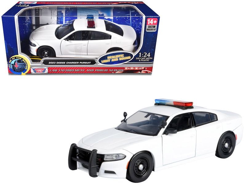 2023 Dodge Charger Pursuit Police Car Unmarked White with Flashing Light Bar Front and Rear Lights and 2 Sounds Builder s Kit 1/24 Diecast Model Car Motormax 79622BB-W