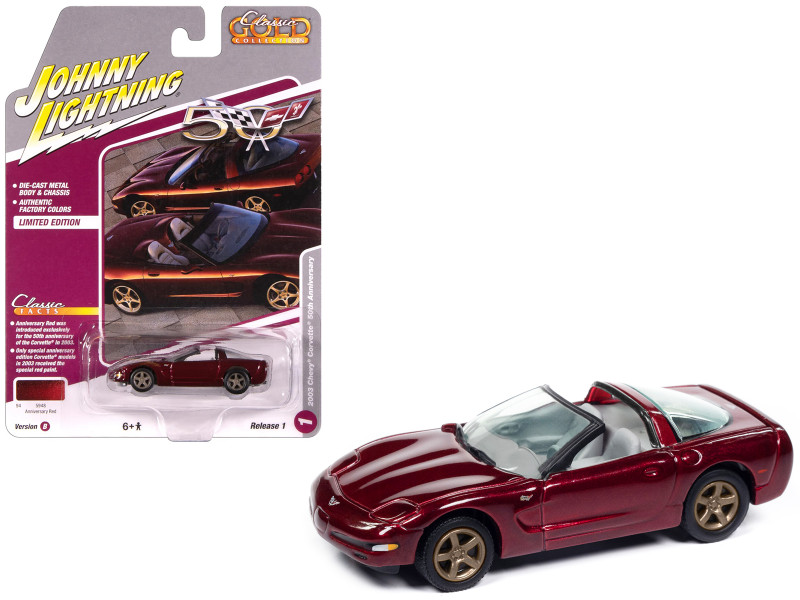 2003 Chevrolet Corvette Convertible 50th Anniversary Anniversary Red Metallic Classic Gold Collection 1/64 Diecast Model Car Johnny Lightning JLCG033-JLSP387B
