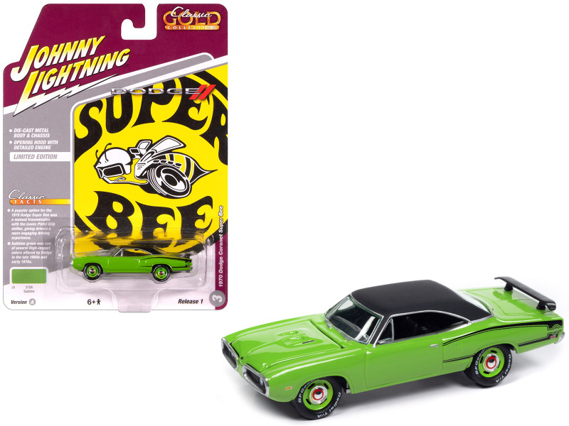 1970 Dodge Coronet Super Bee Sublime Green with Black Stripes and Top Classic Gold Collection 1/64 Diecast Model Car Johnny Lightning JLCG033-JLSP389A