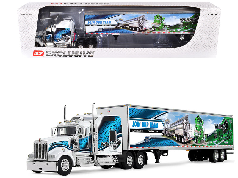 Kenworth W900L with 86 Studio Sleeper and 53 Utility Trailer with Skirts Walinga White with Blue Graphics 1/64 Diecast Model DCP/First Gear 60-2167