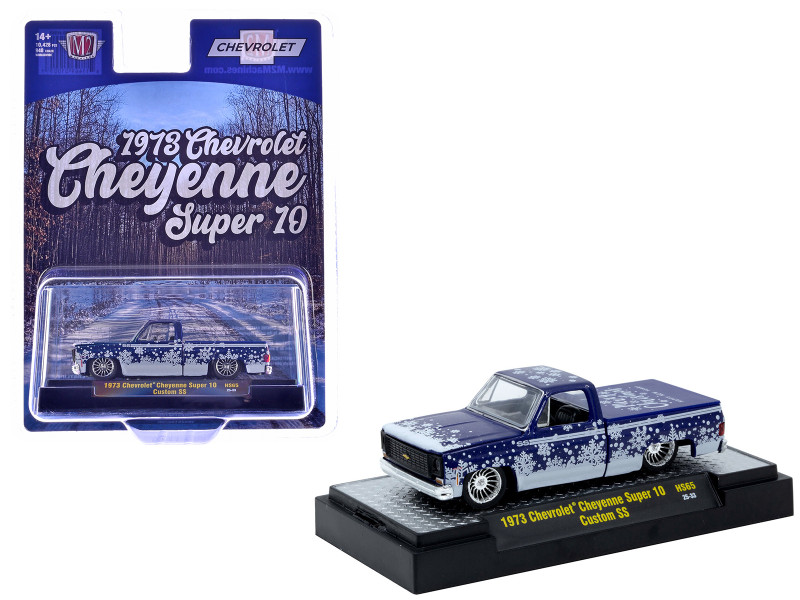 1973 Chevrolet Cheyenne Super 10 Pickup Truck Merry Christmas Happy New Year Blue Metallic with White Snow Graphics Limited Edition to 10428 pieces Worldwide 1/64 Diecast Model Car M2 Machines 31500-HS65