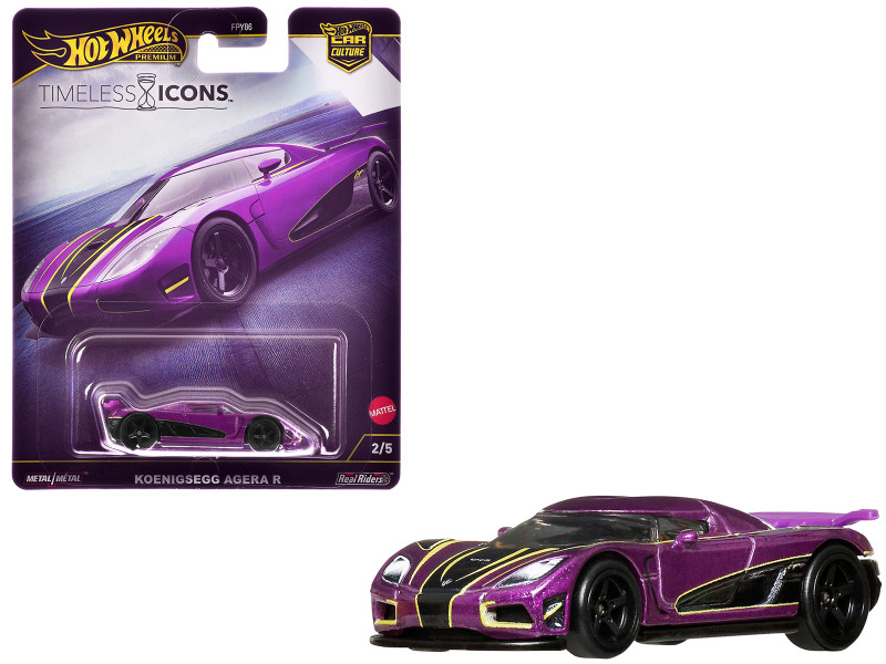 Koenigsegg Agera R Purple Metallic with Black and Yellow Stripes Timeless Icons Series Diecast Model Car Hot Wheels JBK93