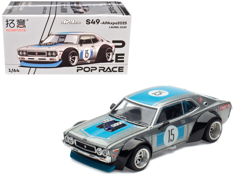 Datsun Laurel C130 RHD Right Hand Drive #15 Raw Metal with Blue Stripes APA XPO 2025 Exclusive 1/64 Diecast Model Car Pop Race PR640348