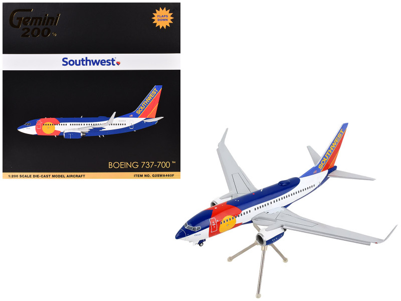 Boeing 737 700 Commercial Aircraft with Flaps Down Configuration Southwest Airlines Colorado One N230WN White and Blue Gemini 200 Series 1/200 Diecast Model Airplane GeminiJets G2SWA460F