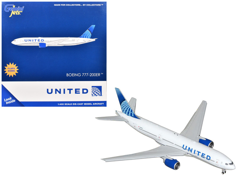 Boeing 777 200ER Commercial Aircraft with Flaps Down United Airlines N798UA White with Blue Tail 1/400 Diecast Model Airplane GeminiJets GJ2230F