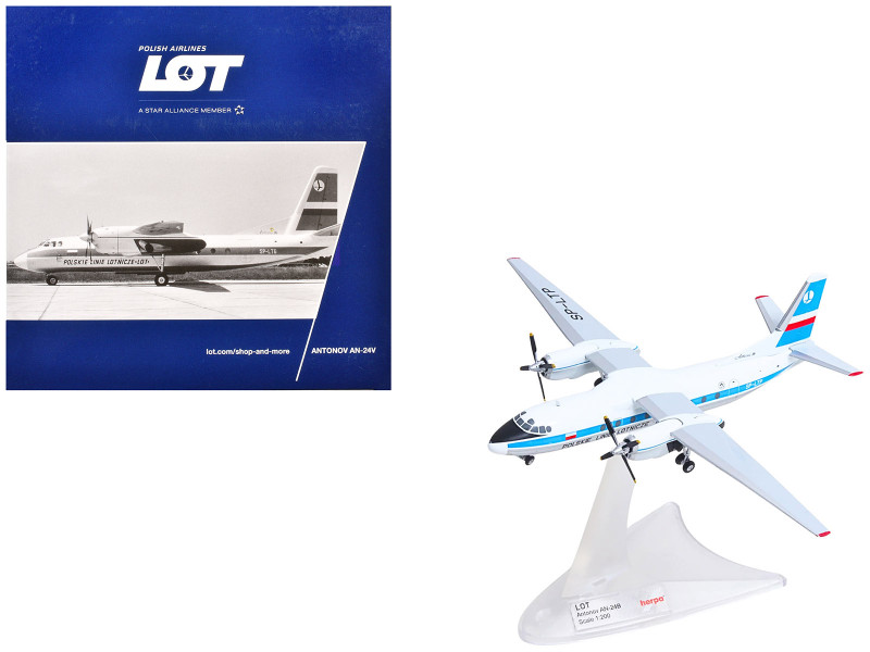 Antonov AN-24V Commercial Aircraft LOT Polish Airlines SP-LTP White with Blue Stripes and Tail 1/200 Diecast Model Herpa HE572996