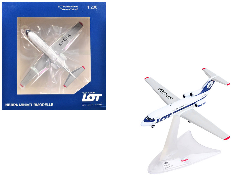 Yakovlev Yak-40 Commercial Aircraft LOT Polish Airlines SP-GEA White with Blue Stripes and Tail 1/200 Diecast Model Herpa HE573139