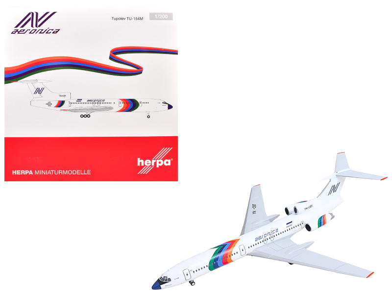 Tupolev TU-154M Commercial Aircraft Aeronica YN-CBT White with Stripes 1/200 Diecast Model Herpa HE573207