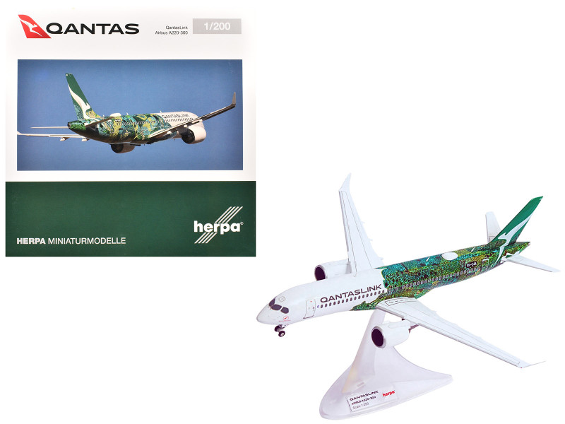 Airbus A220-300 Commercial Aircraft QantasLink Flying Art Series - Minyma Kutjara Tjukurpa VH-X4A White with Green Graphics 1/200 Diecast Model Herpa HE573351