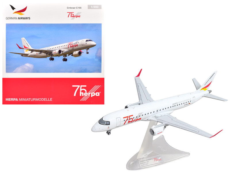 Embraer E190 Commercial Aircraft German Airways - Herpa 75 Years D-ACJJ White with Graphics 1/200 Diecast Model Herpa HE573221