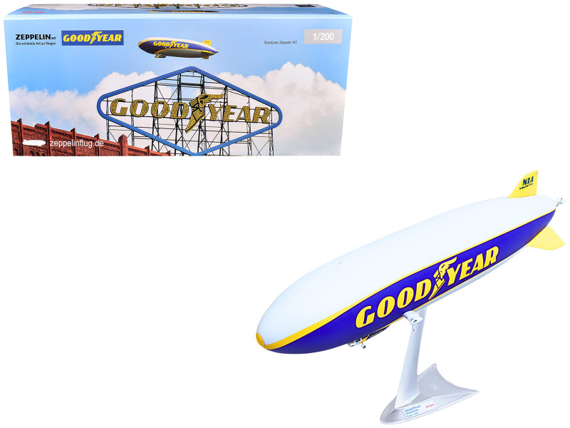 Zeppelin NT Aircraft Goodyear Blimp - Wingfoot One N1A Gray and Blue with Yellow Stripes 1/200 Diecast Model Herpa HE573634