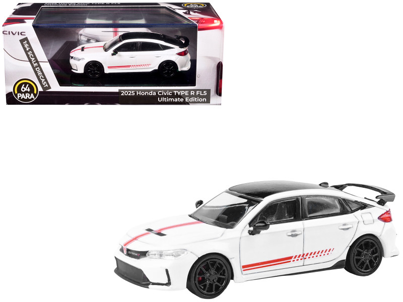 2025 Honda Civic Type R FL5 Ultimate Edition White with Red Stripes and Black Top 1/64 Diecast Model Car Paragon PA-55589