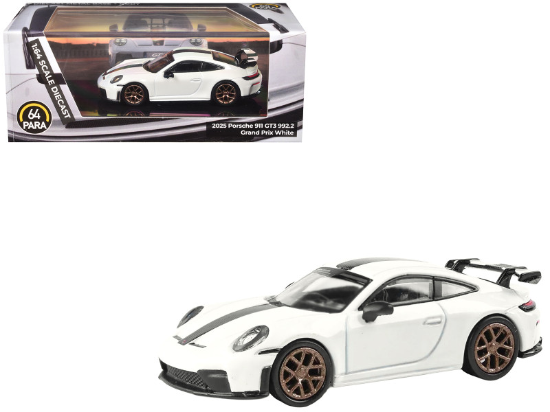 2025 Porsche 911 GT3 (992.2) Grand Prix White with Carbon Stripe 1/64 Diecast Model Car Paragon PA-55873