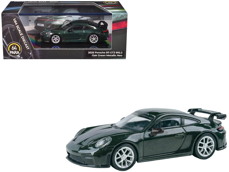 2025 Porsche 911 GT3 992.2 Oak Green Metallic Neo with Carbon Stripe 1/64 Diecast Model Car Paragon PA-55874