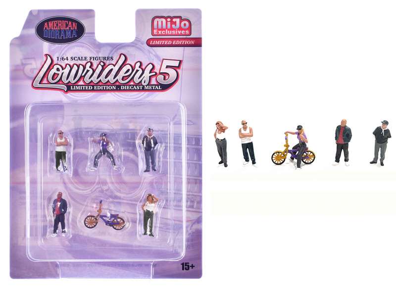 Lowriders #5 6 piece 5 People 1 Bicycle Diecast Figures Set 1/64 Scale Models American Diorama AD-2427MJ