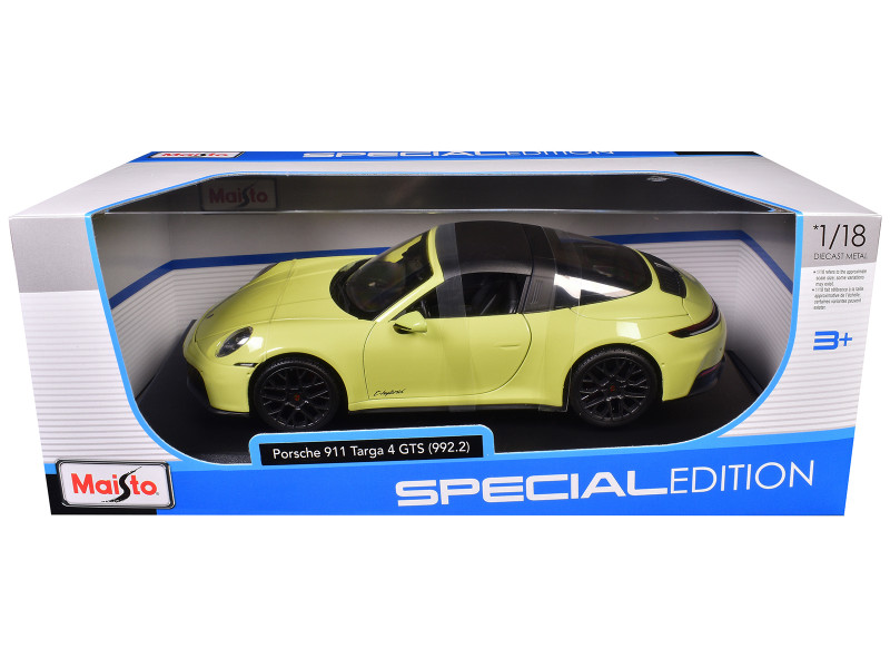 Porsche 911 Targa 4 GTS 992 2 Yellow with Black Top Special Edition Series 1/18 Diecast Model Car Maisto 31470YL